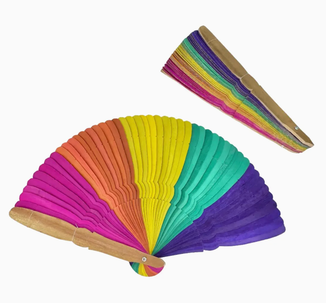 Colorful hand fan with a rainbow pattern on a white background