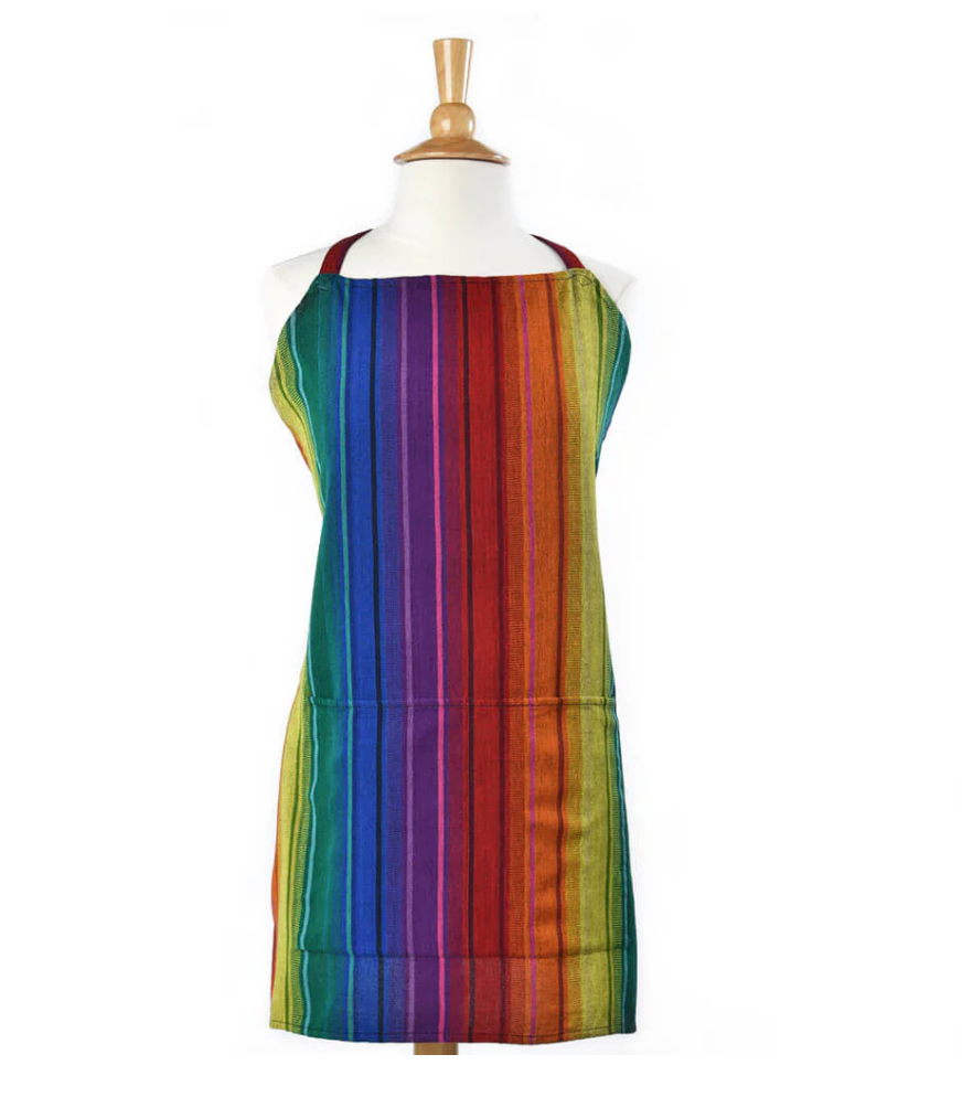 Colorful striped apron on a mannequin against a white background