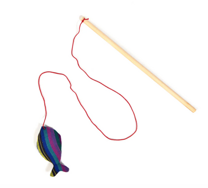 Colorful fish-shaped cat toy on a string with a wooden stick on a white background