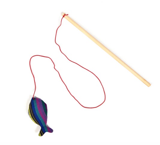 Colorful fish-shaped cat toy on a string with a wooden stick on a white background