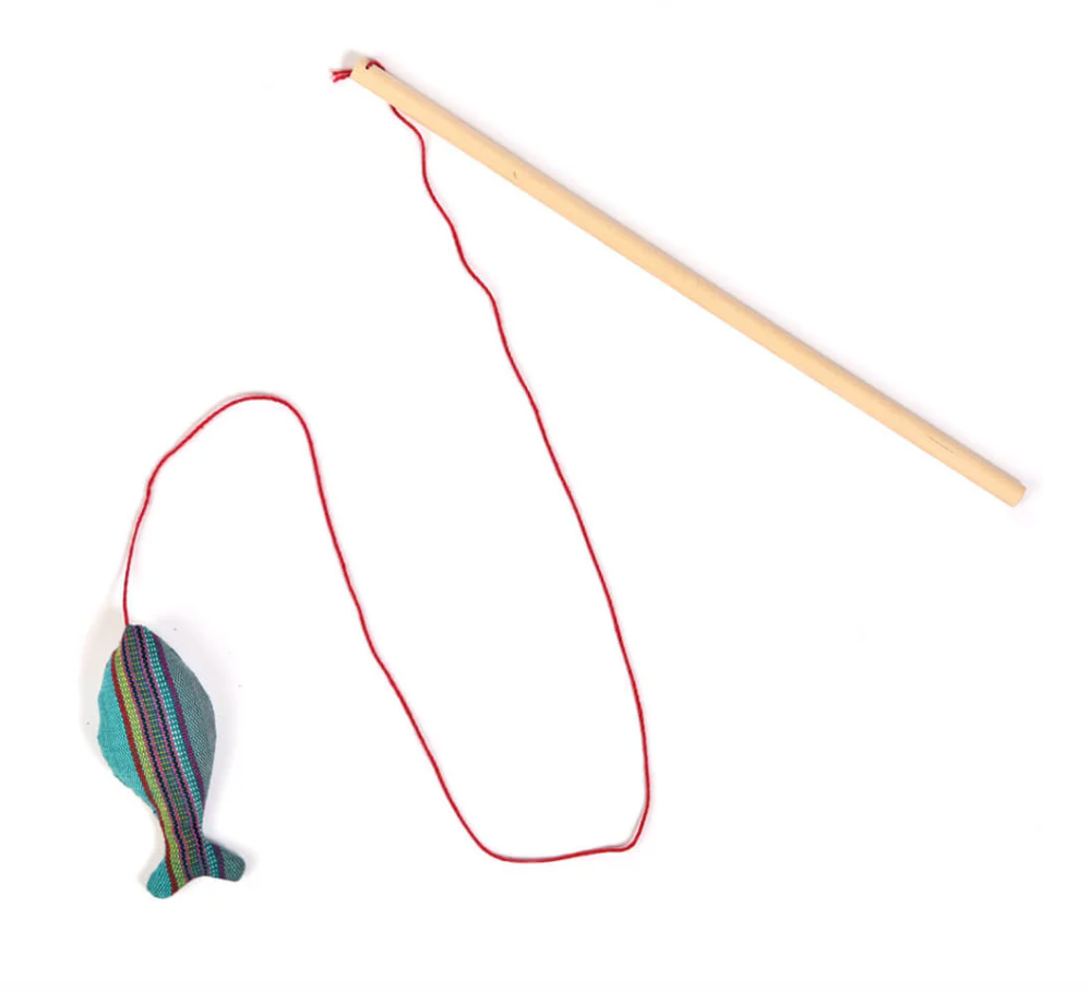Fishing cat rod toy with striped fish on a white background