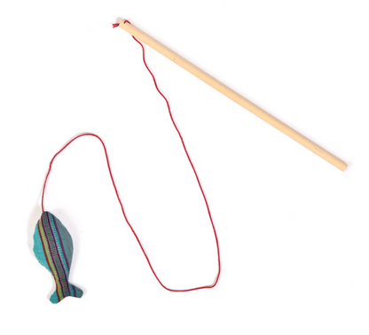 Fishing cat rod toy with striped fish on a white background