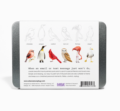 Back of a metal tin packaging with illustrations of birds and text on a white background