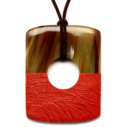 Necklace with a brown and red horn pendant on a white background