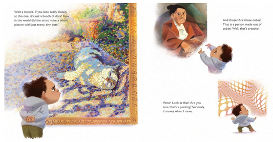 Illustrated book pages with a child looking at a painting of a cat, and two children talking.