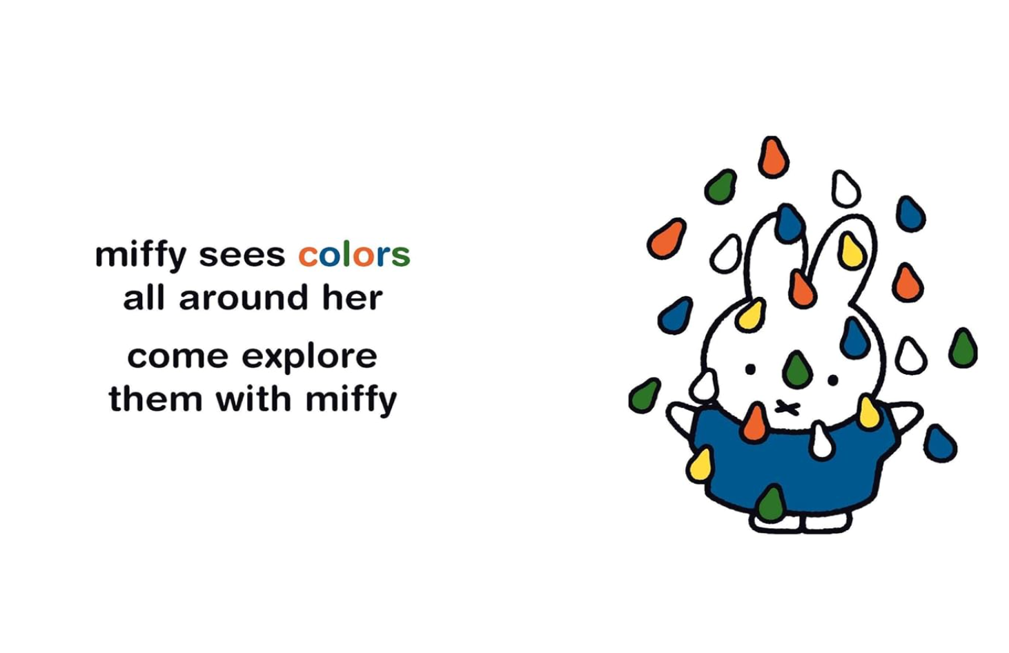 A white graphic page from book with the text 'miffy sees colors all around her come explore them with miffy' on the left and a cartoon rabbit character wearing a blue sweater with colorful teardrop shapes on the right.