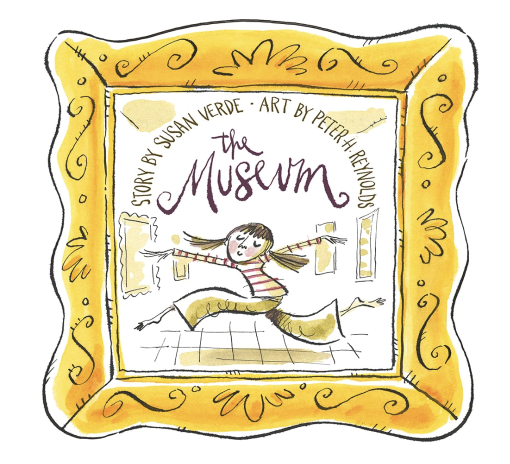 Children's book cover for 'The Museum' by Susan Verde, featuring a whimsical hand-drawn illustration of a girl jumping excitedly inside a museum, framed by an ornate yellow border.