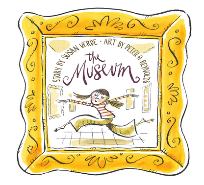 Children's book cover for 'The Museum' by Susan Verde, featuring a whimsical hand-drawn illustration of a girl jumping excitedly inside a museum, framed by an ornate yellow border.