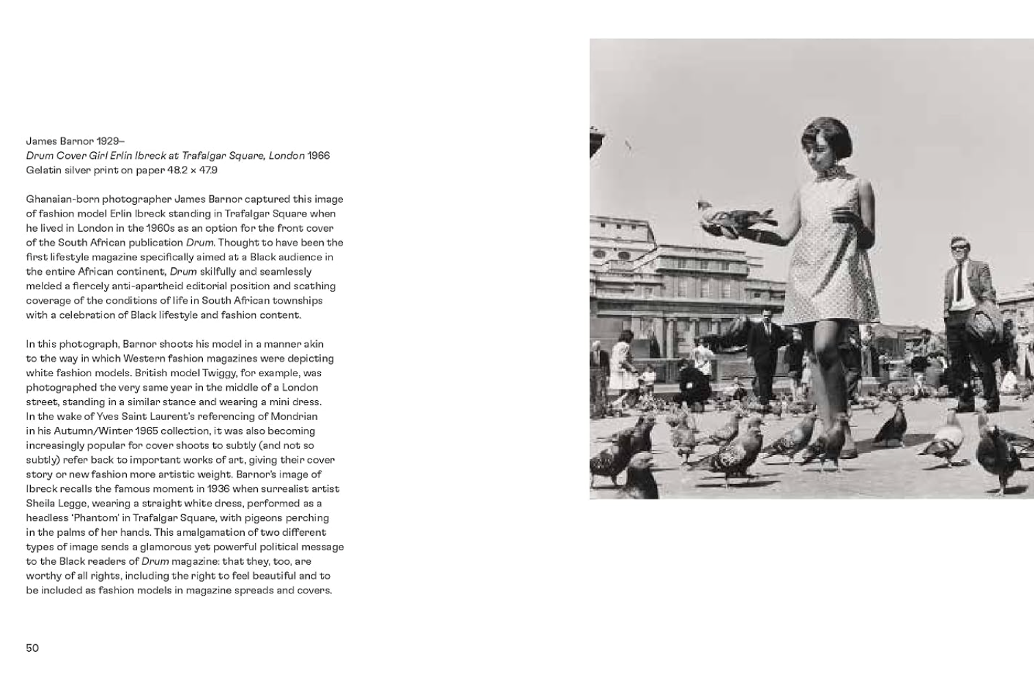 A two-page spread from a printed publication showing a black-and-white fashion photograph of James Benson on the right and a column of black text on the left, likely a magazine or book page.