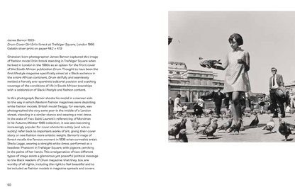 A two-page spread from a printed publication showing a black-and-white fashion photograph of James Benson on the right and a column of black text on the left, likely a magazine or book page.