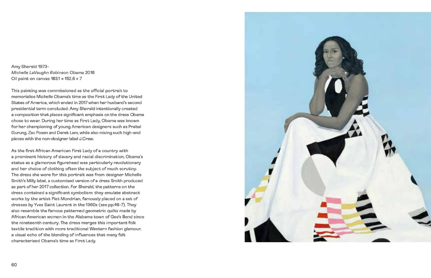 A printed book page showing a portrait of Michelle Obama in a black-and-white patterned dress on the right, with text and a small dress photo on the left. This is not a clean product shot and functions more like an informational or editorial page, so subject_type is best classified as Other.