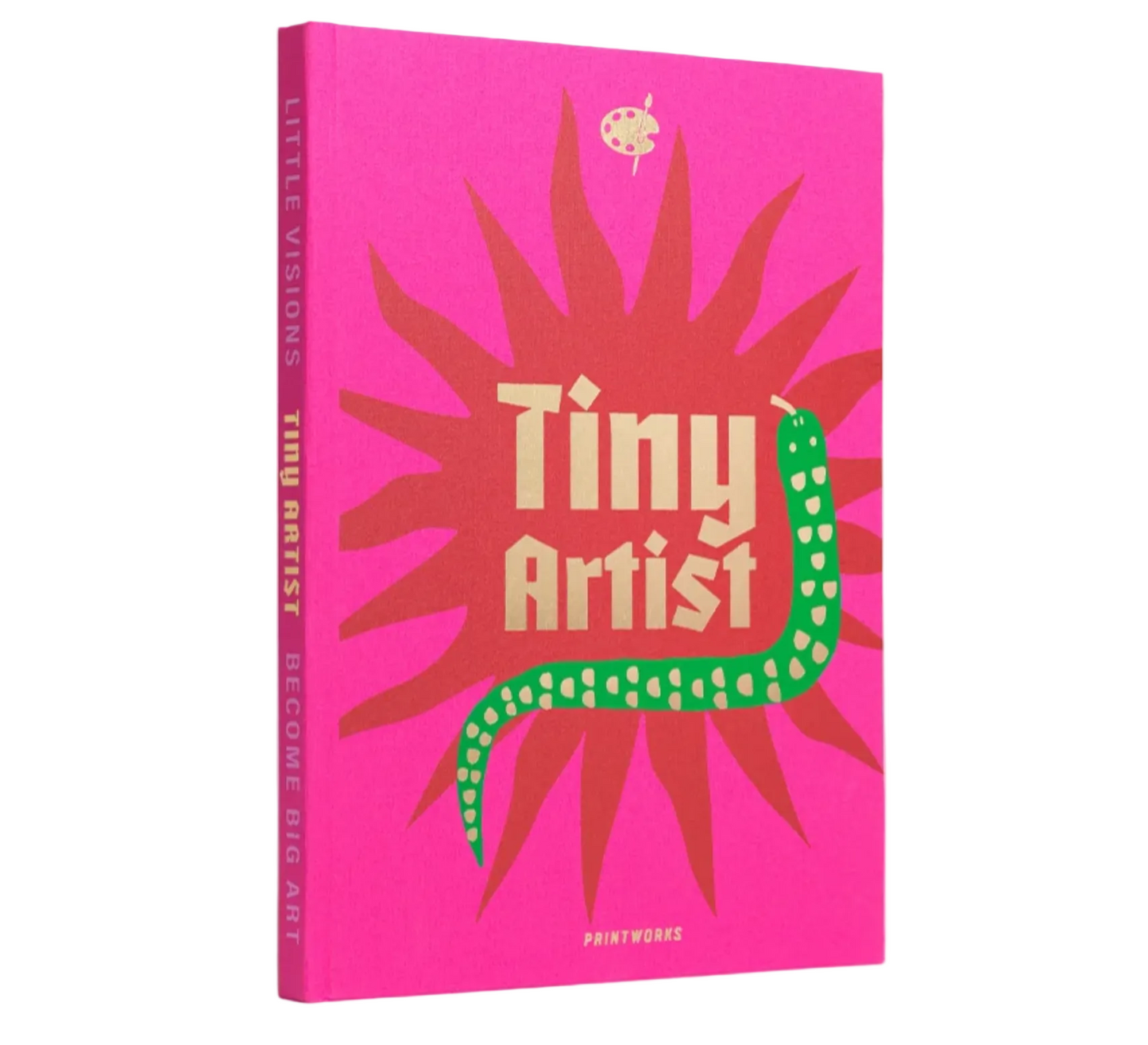 A hardcover art book titled 'Tiny Artist' by Paintwork, featuring a bright pink cover with a red sunburst design, a green dotted snake, and cream-colored title text.