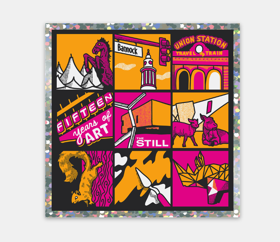 A square art sticker featuring a colorful 3x3 grid collage with vintage-style illustrations and text including 'Fifteen Years of Art,' 'Bainock,' 'Union Station,' 'The Still,' and 'Still Life.' The print has a glittery silver border and is shown against a light gray background.