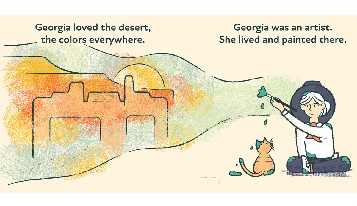 A cream-colored illustrated book page featuring a hand-drawn scene of a woman painting a desert landscape with a cat. Text at the top reads, 'Georgia loved the desert, the colors everywhere.