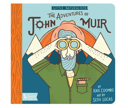 The Adventures of John Muir board book cover by BabyFirst Books, featuring an illustrated portrait of John Muir with binoculars against a mountainous background.