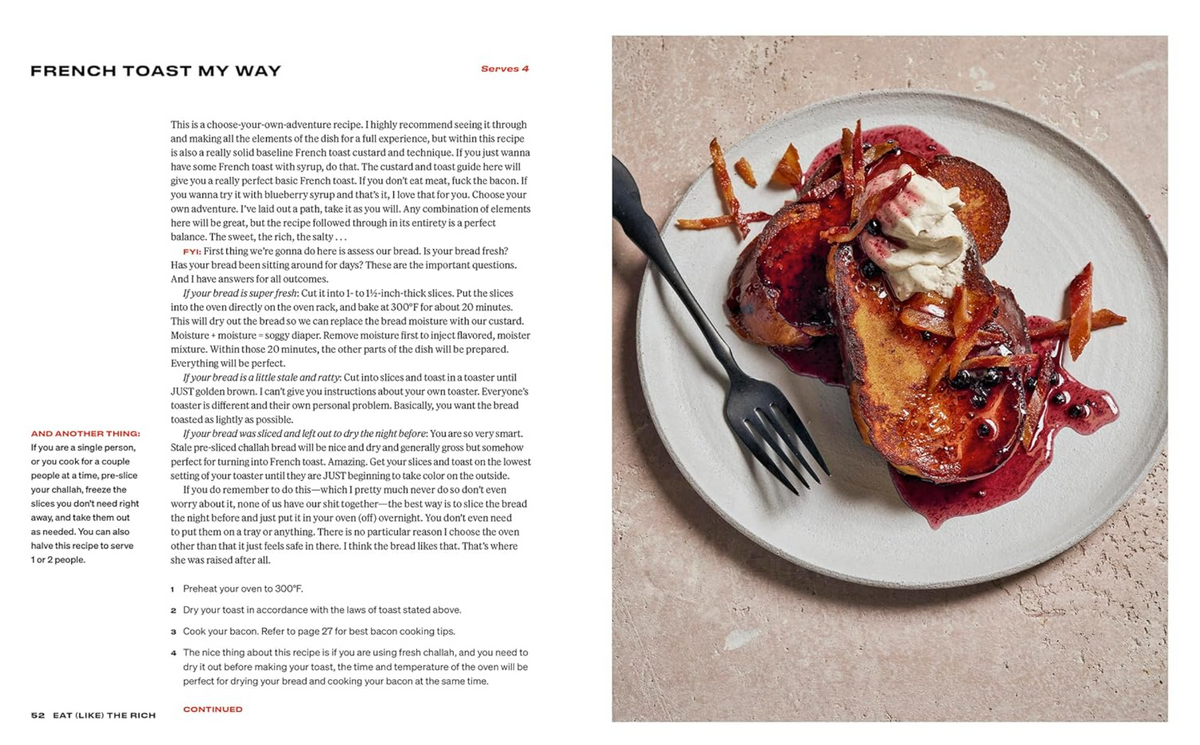 A printed recipe spread page titled 'FRENCH TOAST MY WAY' with extensive text on the left and a photo of prepared toast and a lobster on the right, likely showing a cookbook or recipe booklet interior.