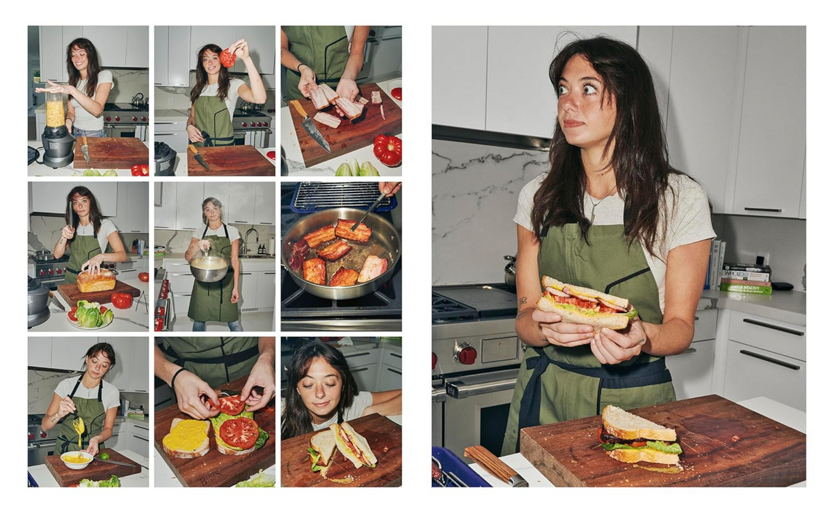 A collage of photos showing a woman in a kitchen preparing food and wearing a sage green apron. The right panel shows her holding a sandwich in front of a kitchen stove and cabinets, while the left panel contains nine smaller photos of food prep steps including blending, slicing tomatoes, cooking in a pan, and assembling a sandwich on wooden cutting boards.