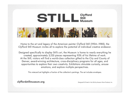 Back cover of a Clyfford Still Museum note card set with text and minimal color design.