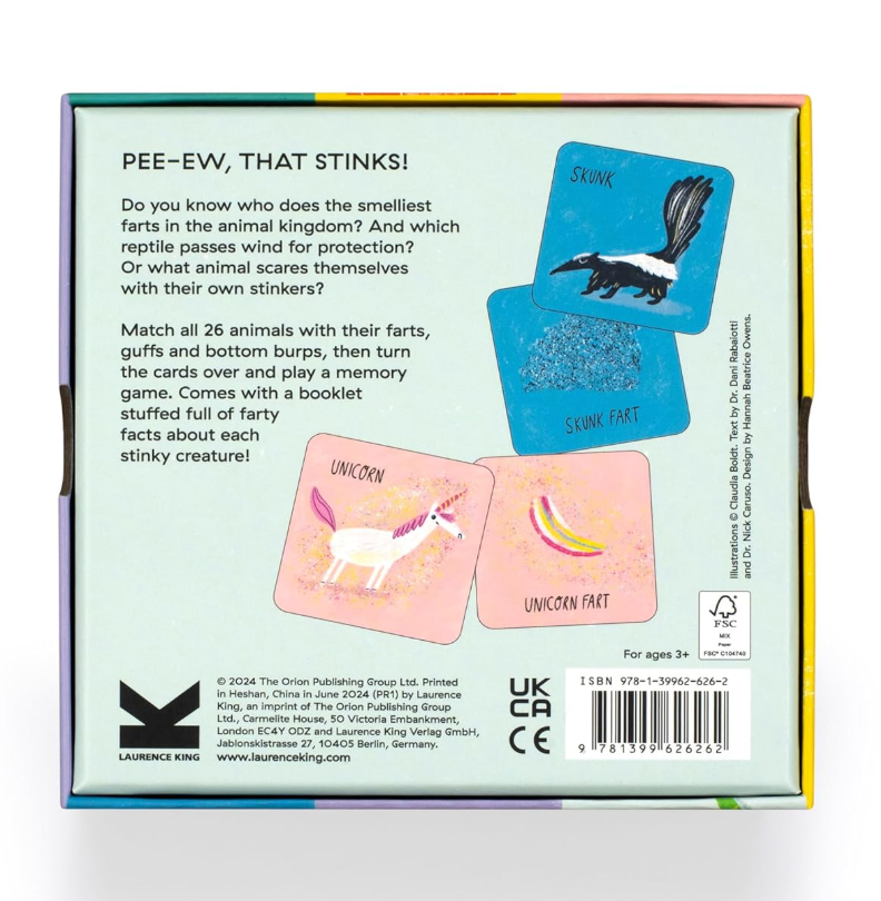 Card game packaging with illustrations of animals and their 'farts', including a skunk and unicorn, on a white background.