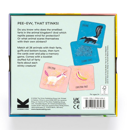 Card game packaging with illustrations of animals and their 'farts', including a skunk and unicorn, on a white background.