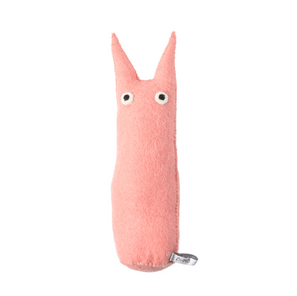 Pink plush figure with a face on a white background