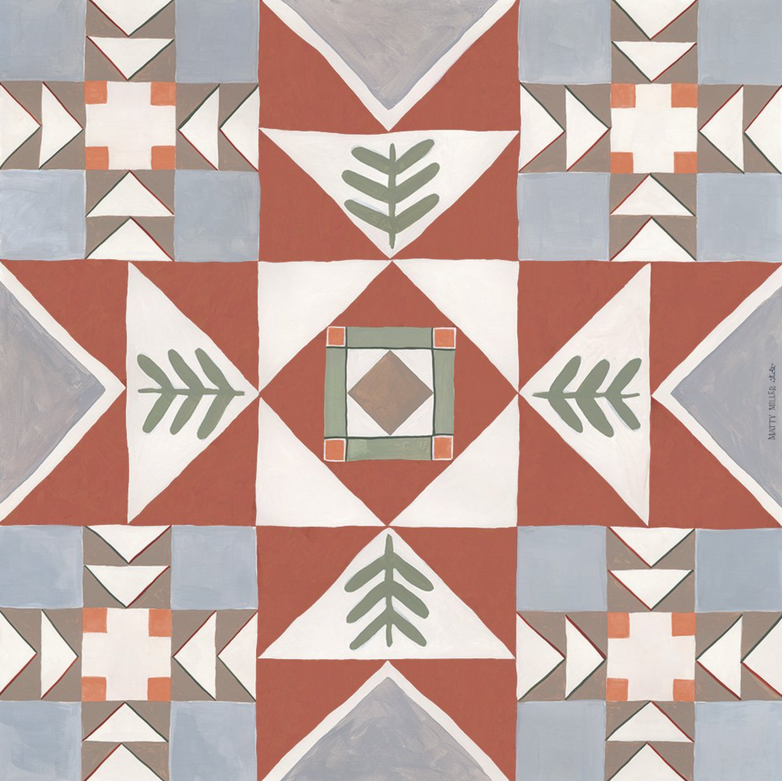 Patterned scarf design with geometric shapes and leaf motifs in red, blue, and green.