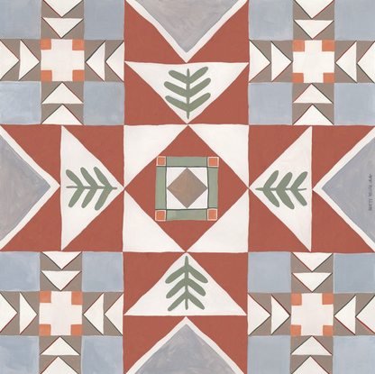 Patterned scarf design with geometric shapes and leaf motifs in red, blue, and green.