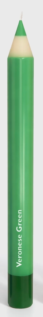 Green candle pencil with 'Veronese Green' branding on a white background