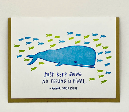 Card with a blue whale illustration and inspirational quote on a white background