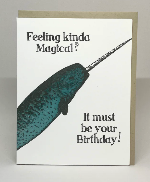 Greeting card with a narwhal illustration and birthday message on a white background.