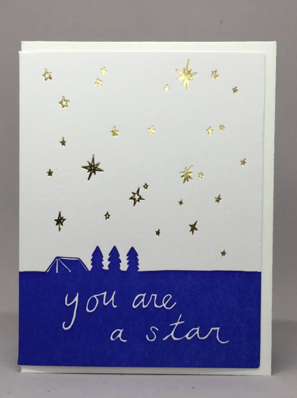 Greeting card with gold stars and 'you are a star' text on a white background