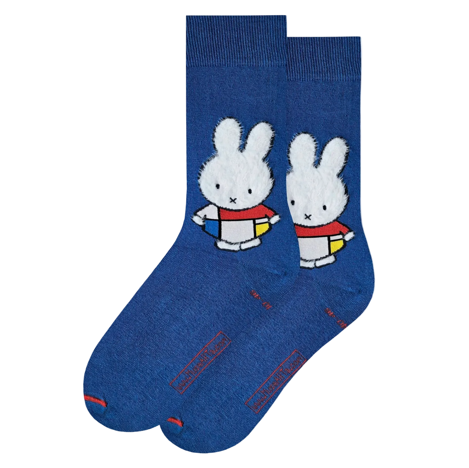 Blue socks with Miffy characters on a light gray background