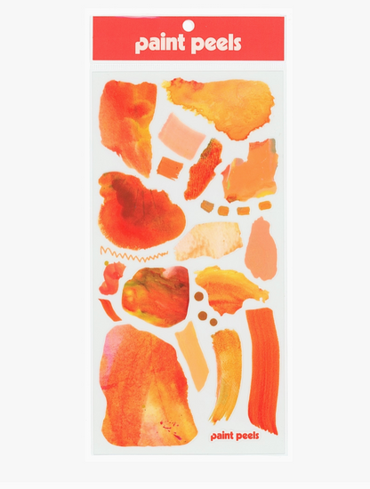 Packaging of 'paint peels' stickers with colorful paint swatch designs on a white background.
