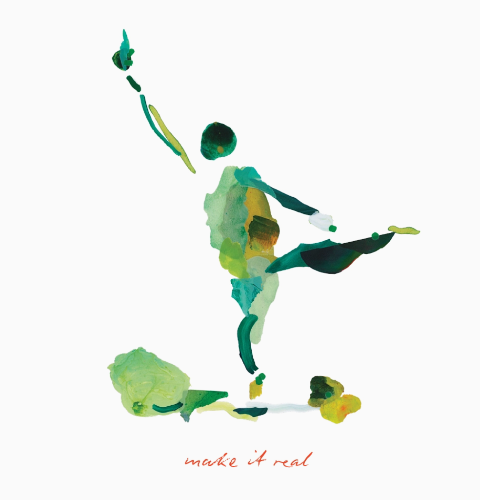 Abstract artwork of a dancer in green and black example with 'make it real' text on a white background