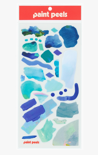 Packaging of blue watercolor-style paint peels stickers with 'paint peels' branding.