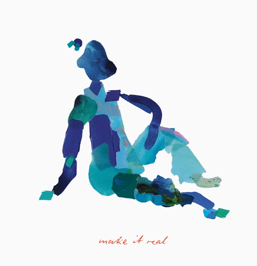 Abstract sculpture of a person in blue and green example on a white background with 'make it real' text.