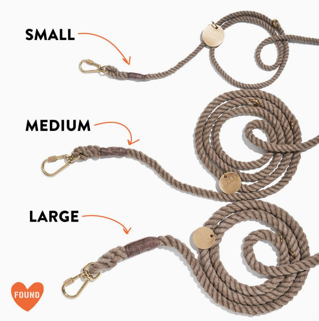 Dog leashes in small, medium, and large sizes with labeled measurements on a white background.