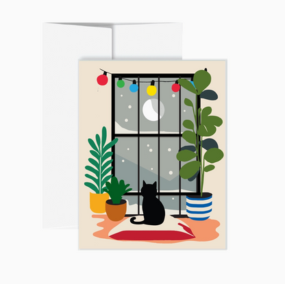 A square greeting card with a cream background, featuring an illustration of a black cat sitting in front of a window at night. The scene includes colorful string lights, a moon in the sky, and several potted plants in yellow, orange, and blue pots.