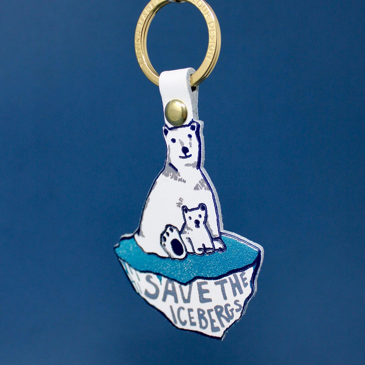 Genuine leather polar bear key fob,with “Save the icebergs” text and completed with gold plated ring.