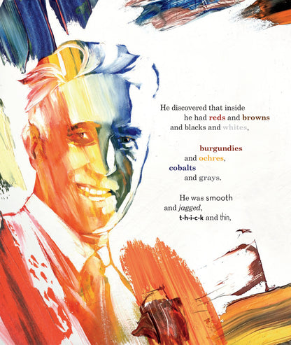 Inside page from ‘Colorfully Courageous Clyfford Still’ featuring a colorful illustration of Still