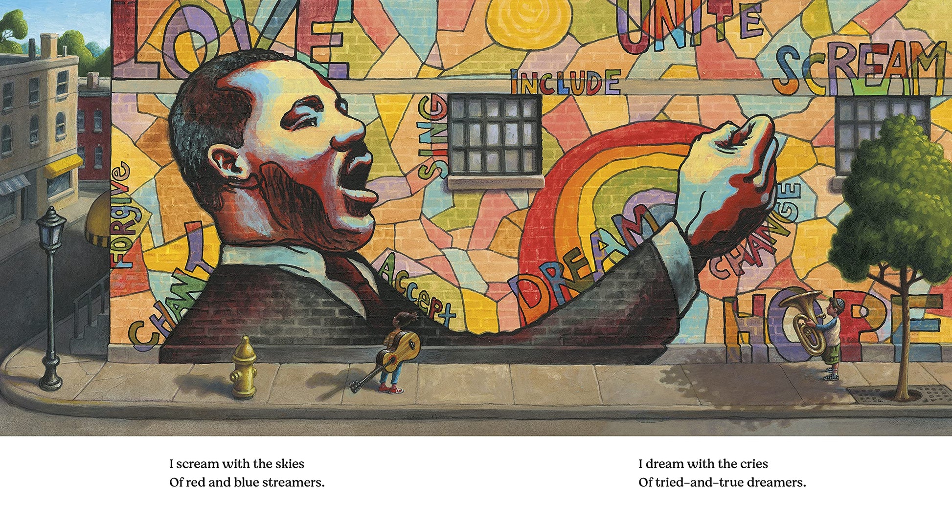 Inside page from ‘Change Sings: A Children's Anthem’ featuring a colorful wall mural of MLK Jr.