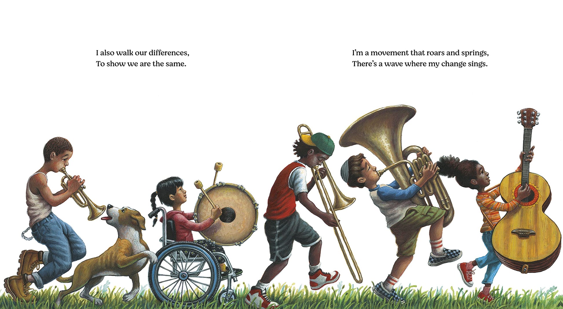 Inside page from ‘Change Sings: A Children's Anthem’ featuring illustrations of kids playing instruments.