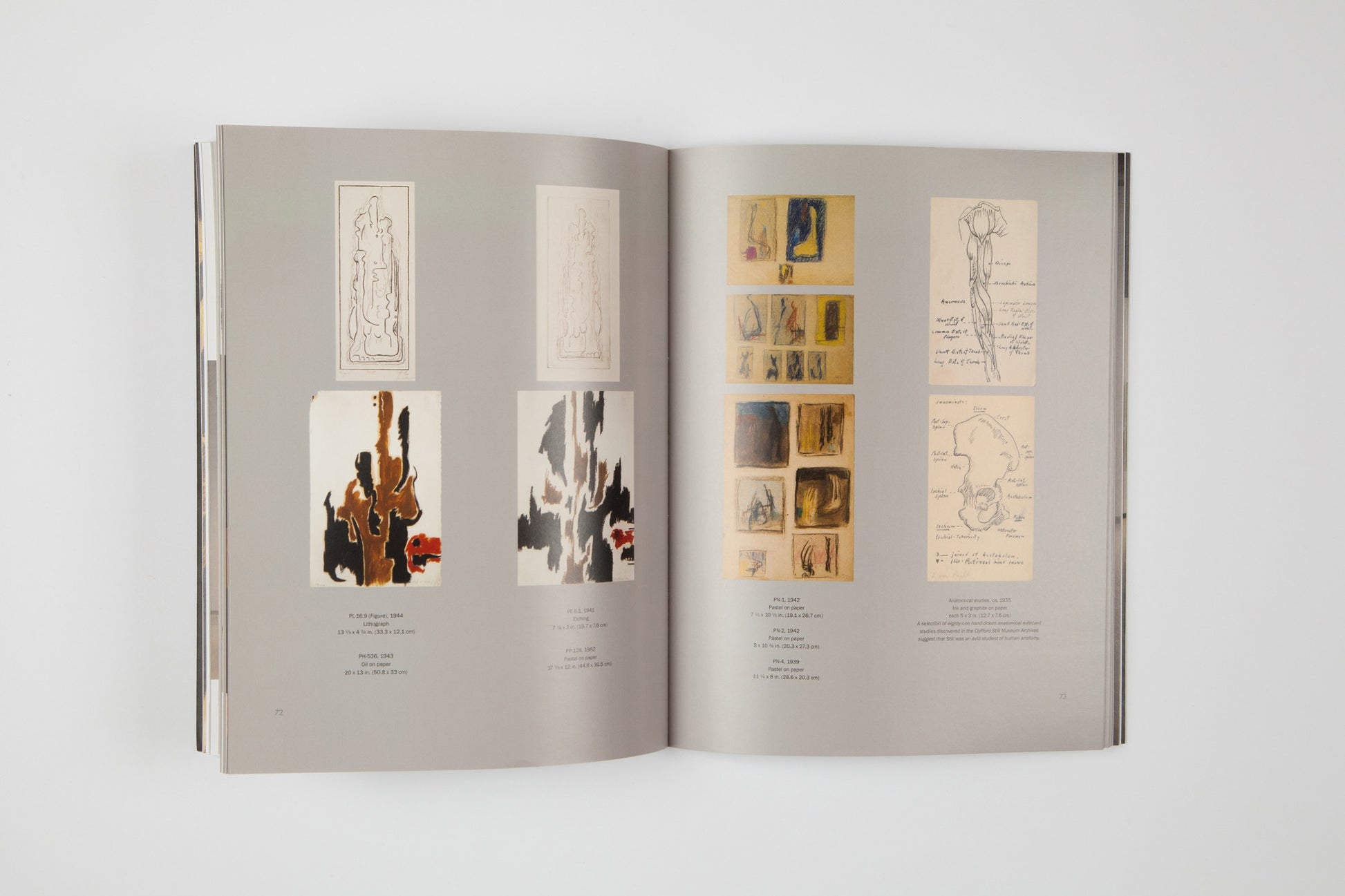Photo of the open ‘Clyfford Still: The Works on Paper’ book. Pages 72 and 73 featuring various Clyfford Still drawings.