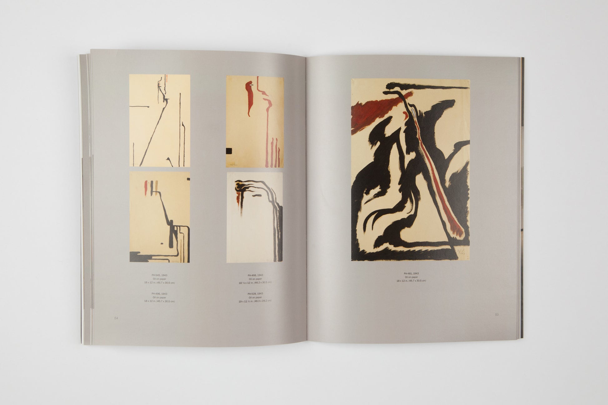 Photo of the open ‘Clyfford Still: The Works on Paper’ book. Pages 84 and 85 featuring PH- 481.