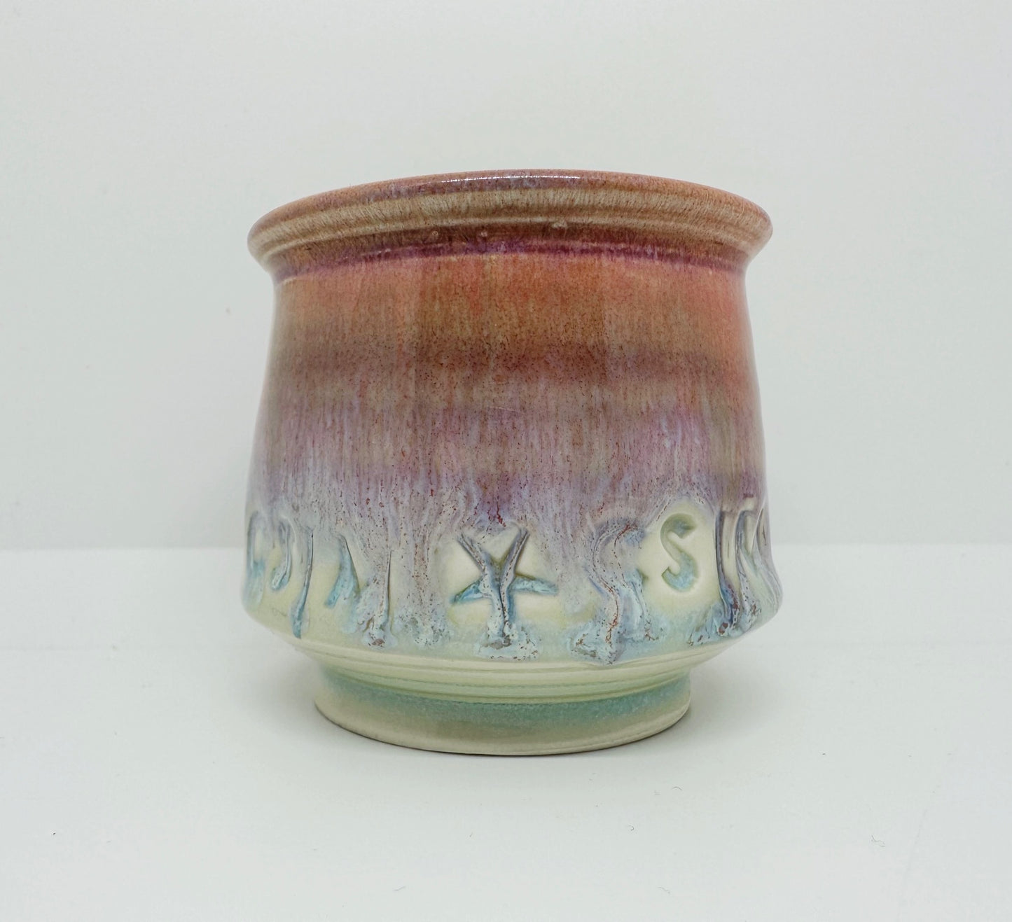Handmade ‘Small Planter 5’ with CSM logo and colorful drippy glaze 