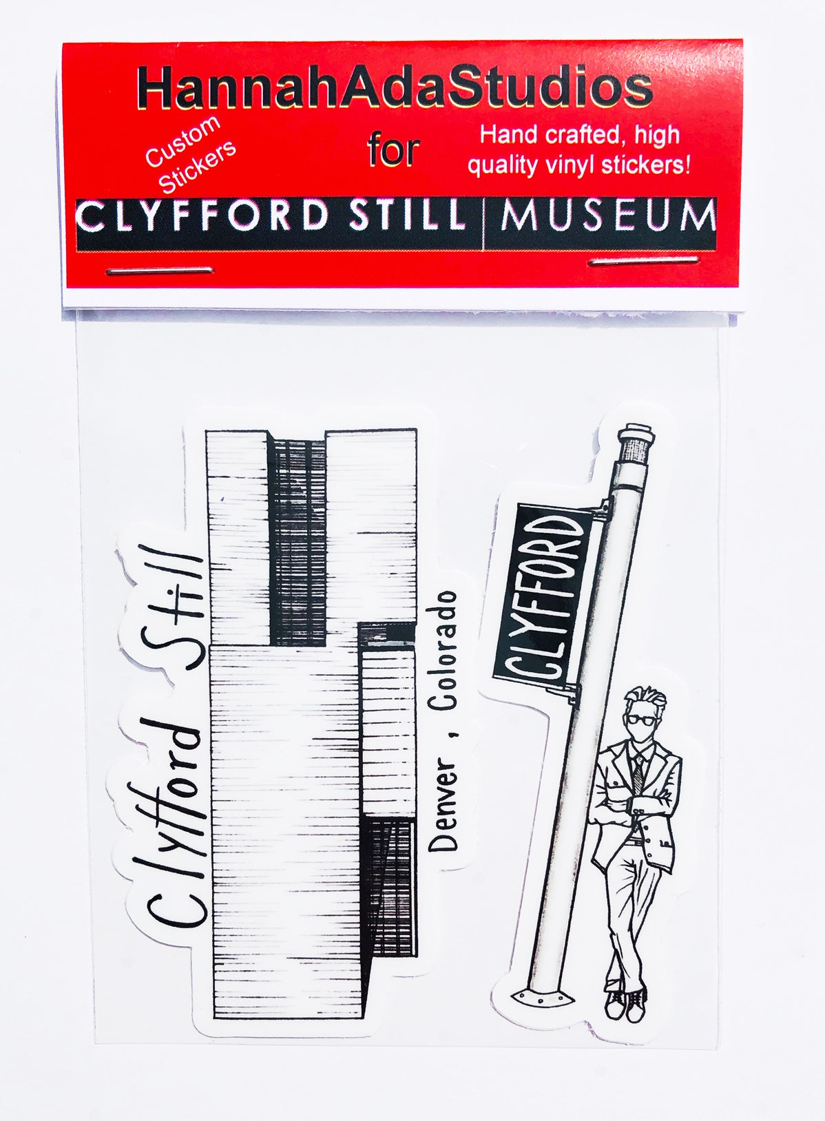 Packaging containing Hand-drawn Clyfford Still Museum building Sticker and Hand-drawn Clyfford Still leaning against a flag pole.