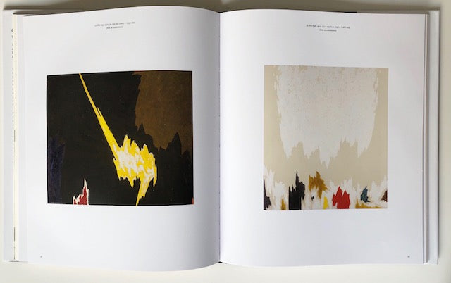 Open book featuring two abstract paintings. The left one with brown, black, and yellow shapes, the right with bare canvas, white, and colorful shapes on the bottom