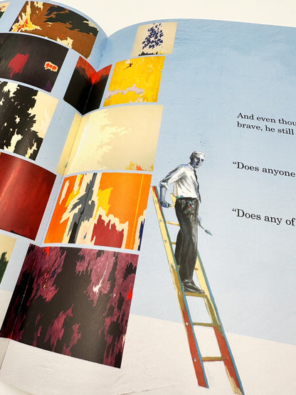 Inside page from ‘Colorfully Courageous Clyfford Still’ featuring an image of Clyfford Still on a ladder next to several of his own paintings