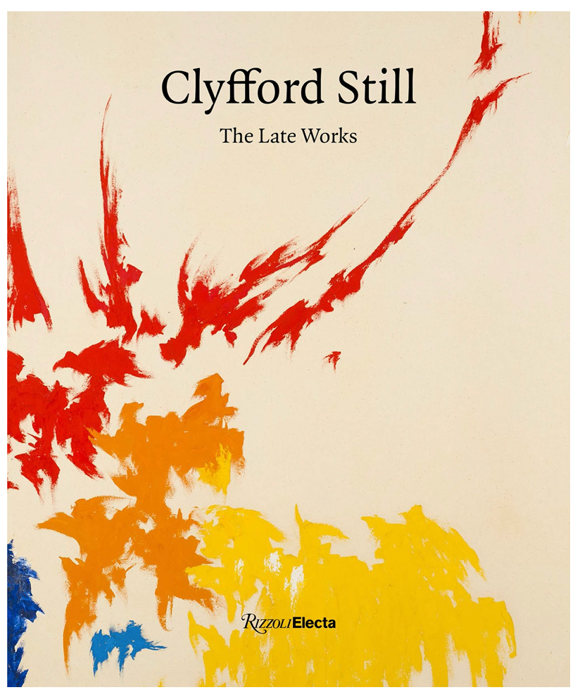 Clyfford Still The Late Works catalog cover published by RizzoliElecta with bare canvas and red, orange and blue fluttery shapes