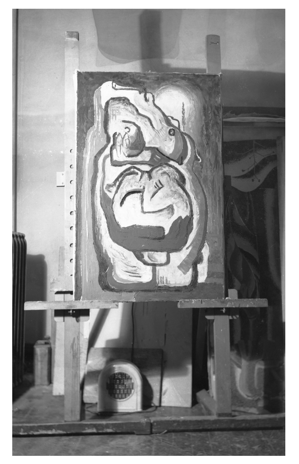 Clyfford Still Postcard. Interior view of PH-725 stretched and displayed in Clyfford Still's studio, 1930-45